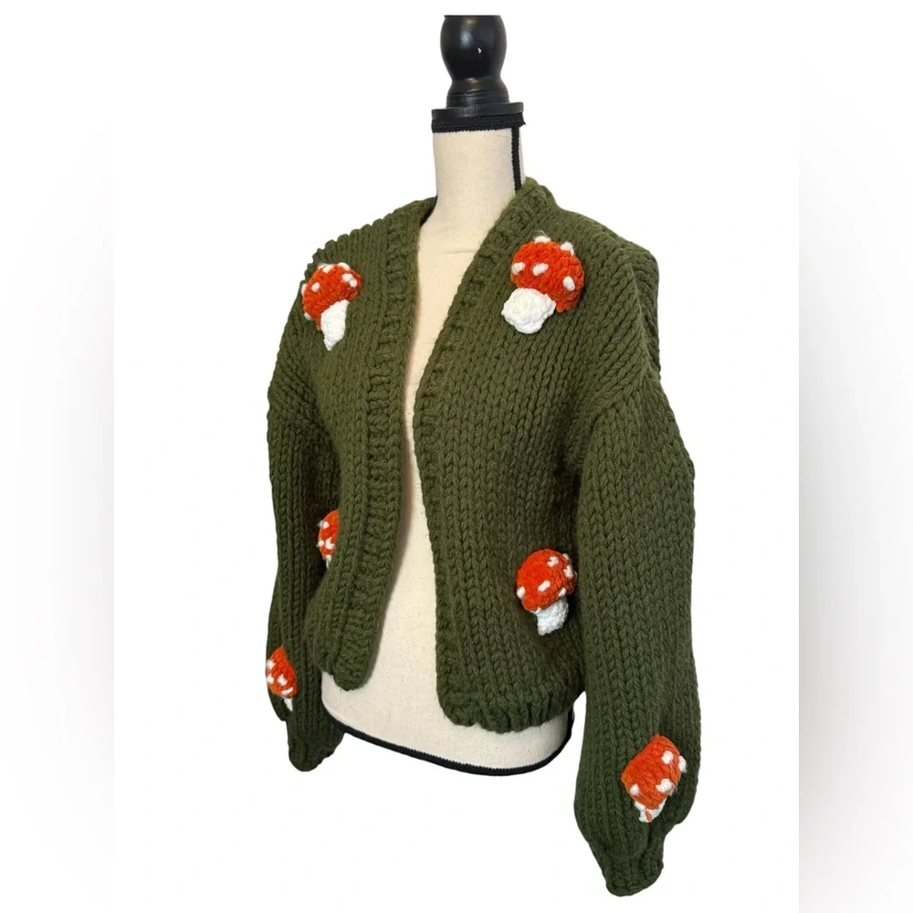 Society Mano Mushroom Green Cropped Chunky Cardigan Sweater Women S/ MSRP$249 - Picture 6 of 10